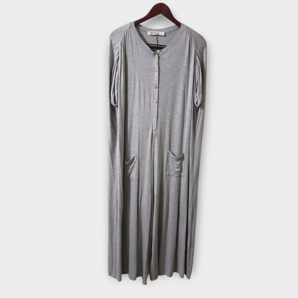 Three Bird Nest Oversized Wide Leg Henley Jumpsuit Gray Medium Cap Sleeve Pocket